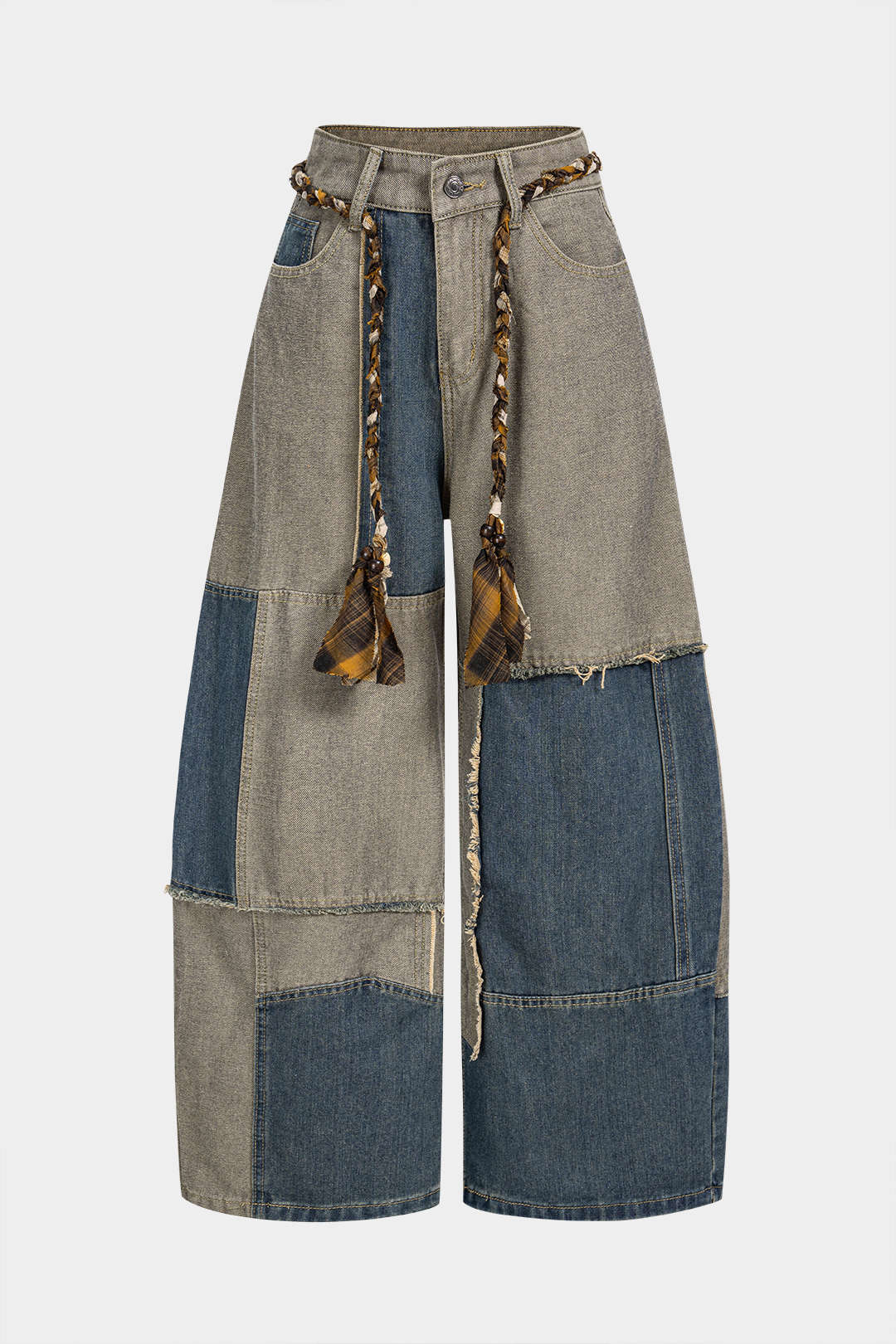 Denim Braided Belted Frayed Pocket Wide Leg Jeans - Weenar