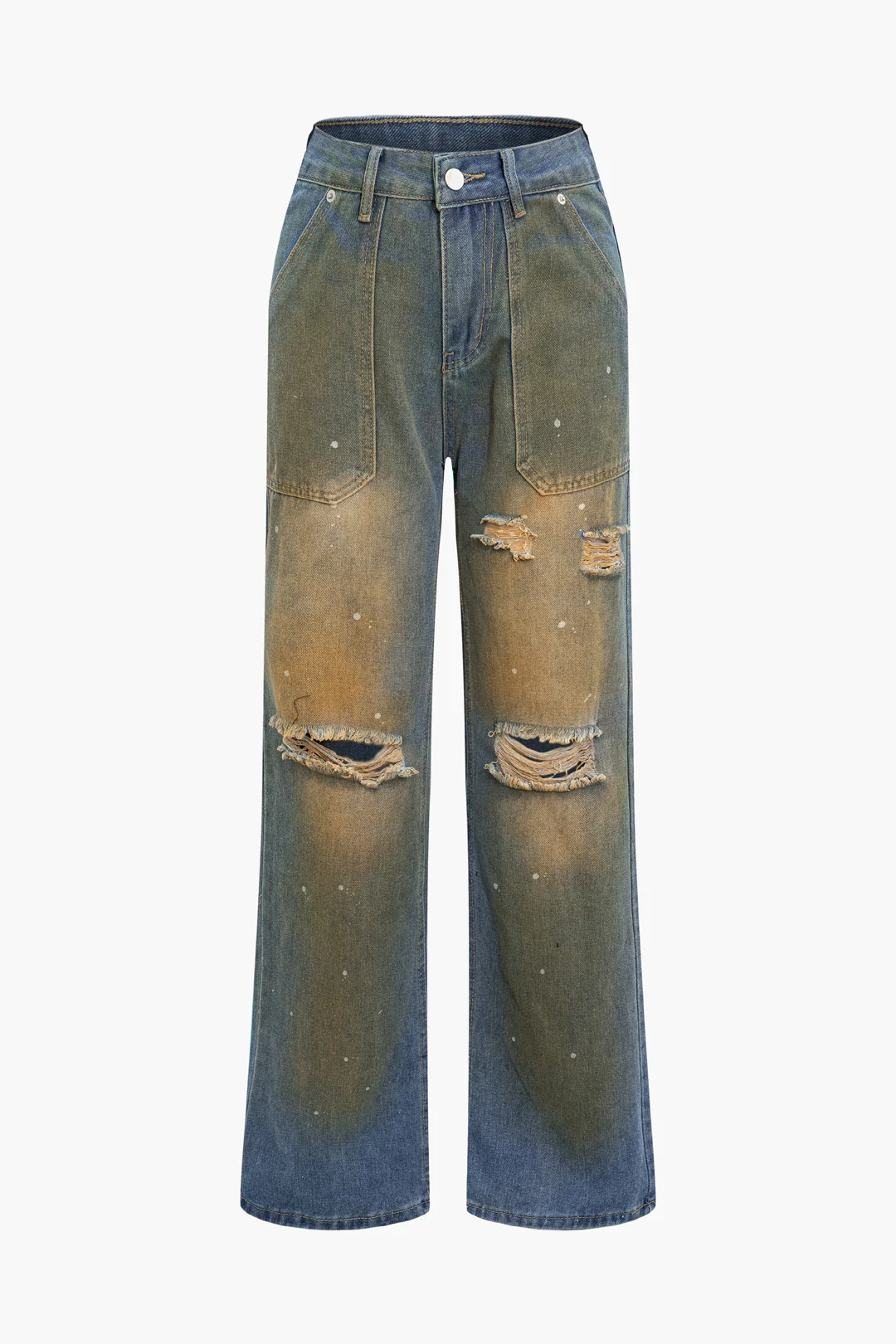 Denim Washed Zipper High Waist Straight Leg Jeans - Weenar