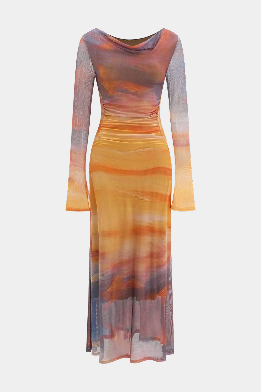 Tie Dye Print Mesh Ruched Long Sleeve Maxi Dress - Weenar