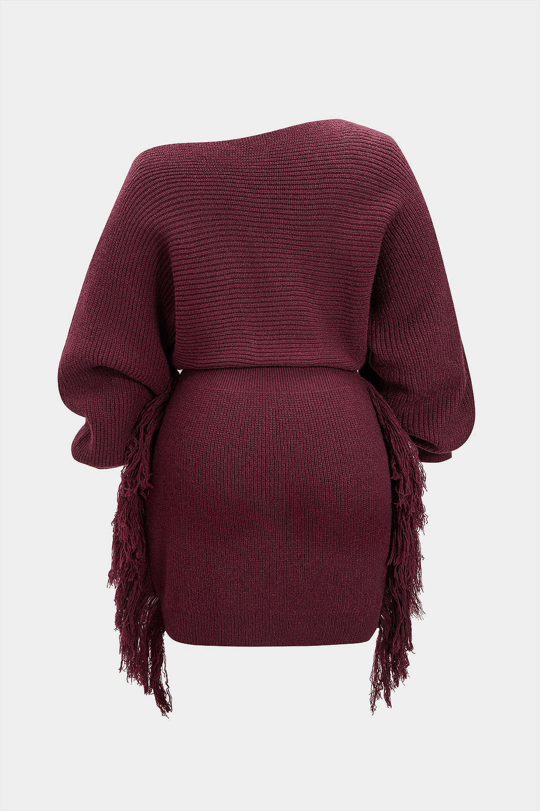Plus Size Knit Fringe One Shoulder Long Sleeve Dress - Weenar
