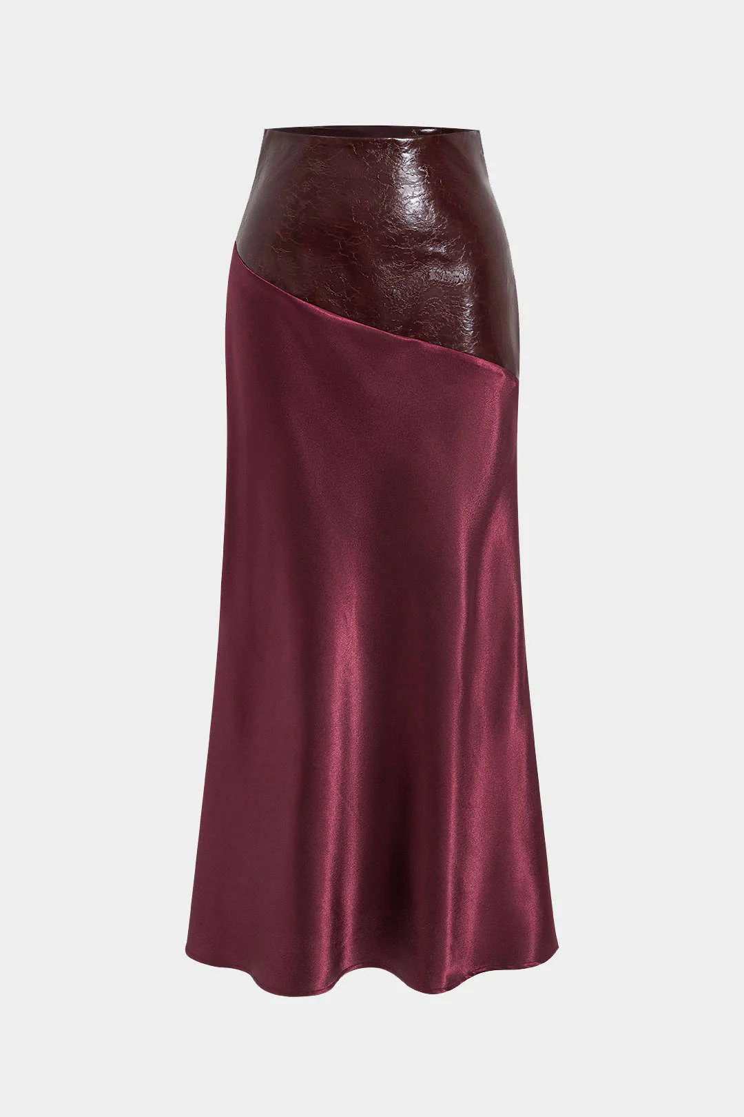 Satin Patchwork Faux Leather Asymmetrical Skirt - Weenar