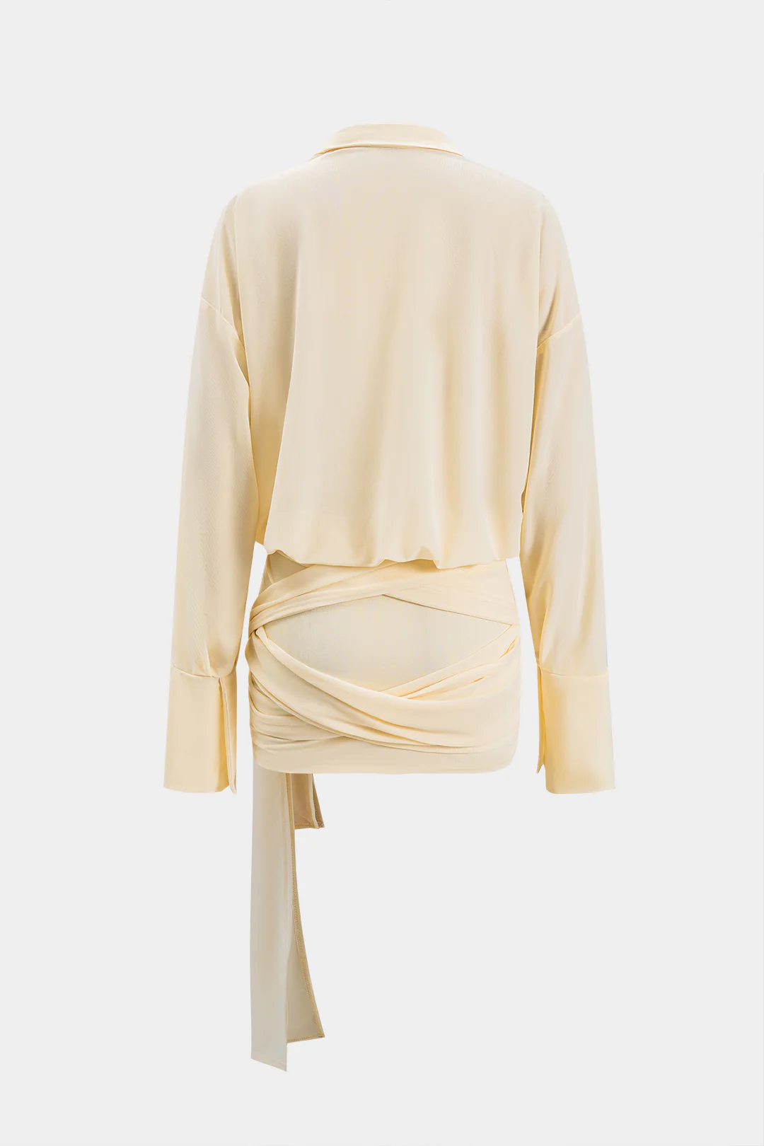 Ruched Tie Knot Button Long Sleeve Mini Dress - Weenar