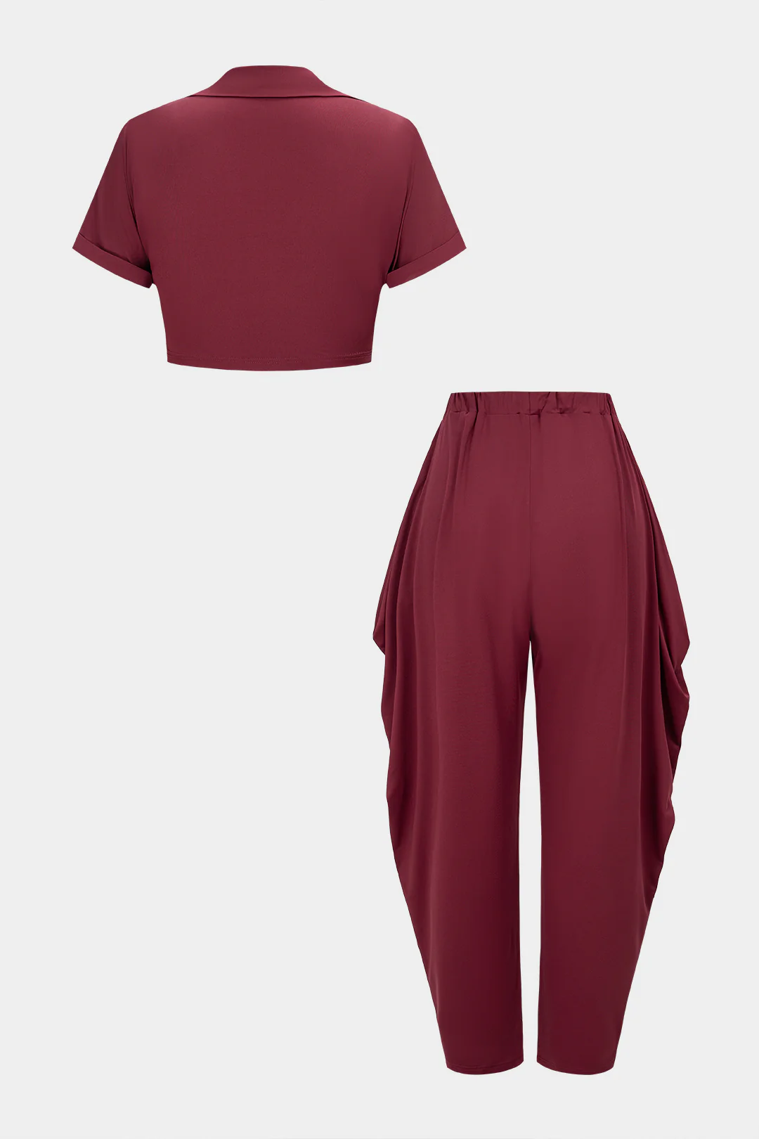 V-Neck Cropped Short-Sleeve Top And Ruched Lantern Pants Set - Weenar