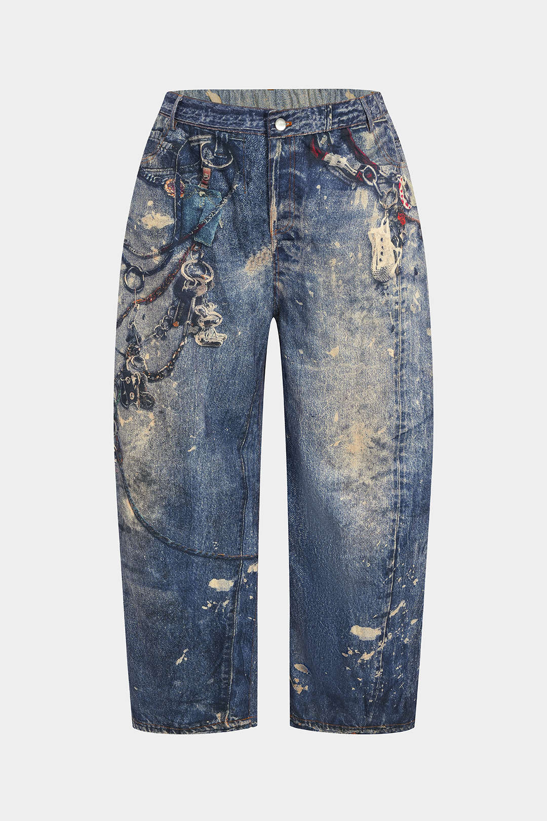 Plus Size Abstract Watercolor Print Button Pocket Trousers - Weenar