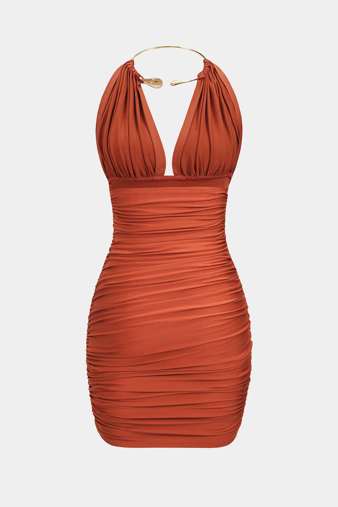 Metallic Halter Backless Ruched Sleeveless Mini Dress - Weenar