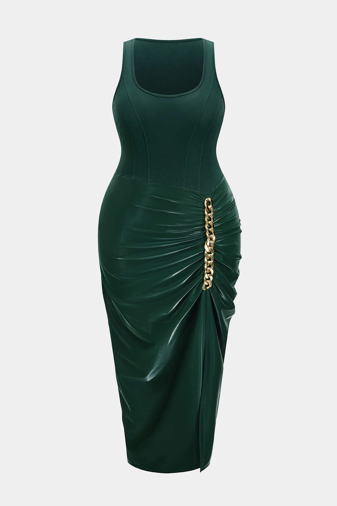 Plus Size Metallic Ruched Square Neck Sleeveless Midi Dress - Weenar
