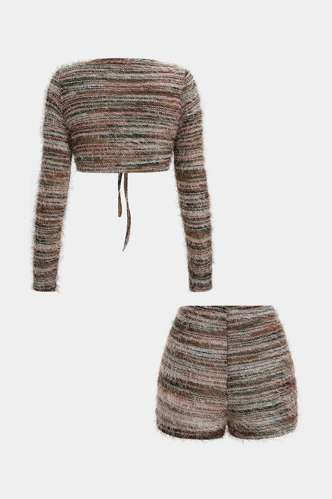 Fringe Strappy Cut Out Cropped Long-Sleeve Top And Shorts Set - Weenar