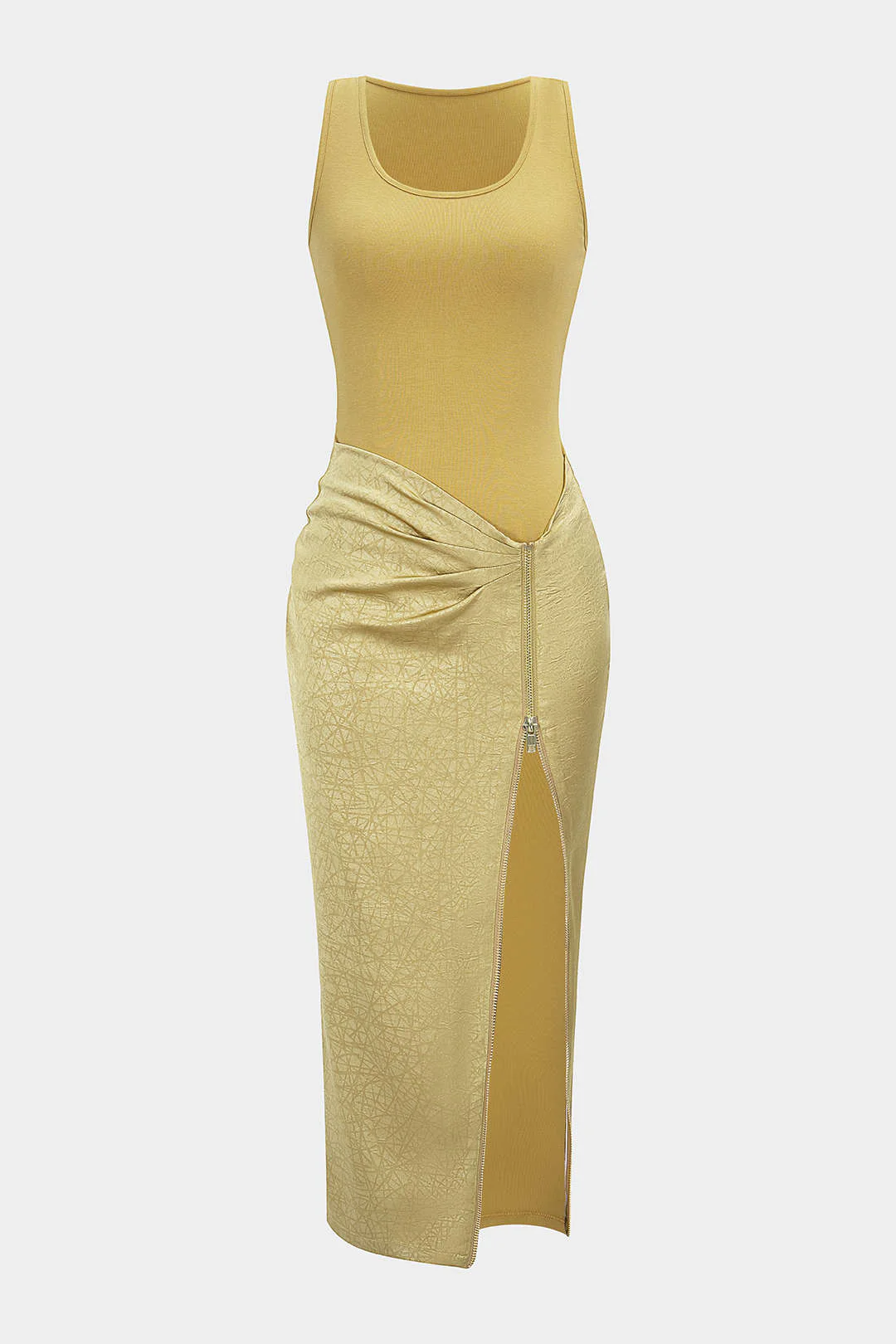 Patchwork Textured U-Neck Asymmetrical Ruched Zipper Slit Sleeveless Maxi Dress - Weenar