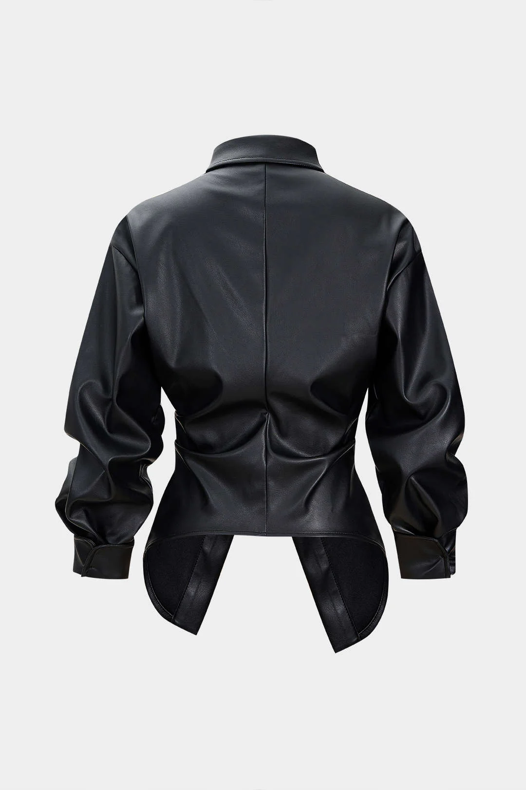 Faux Leather Ruched Button Asymmetrical Shirt - Weenar