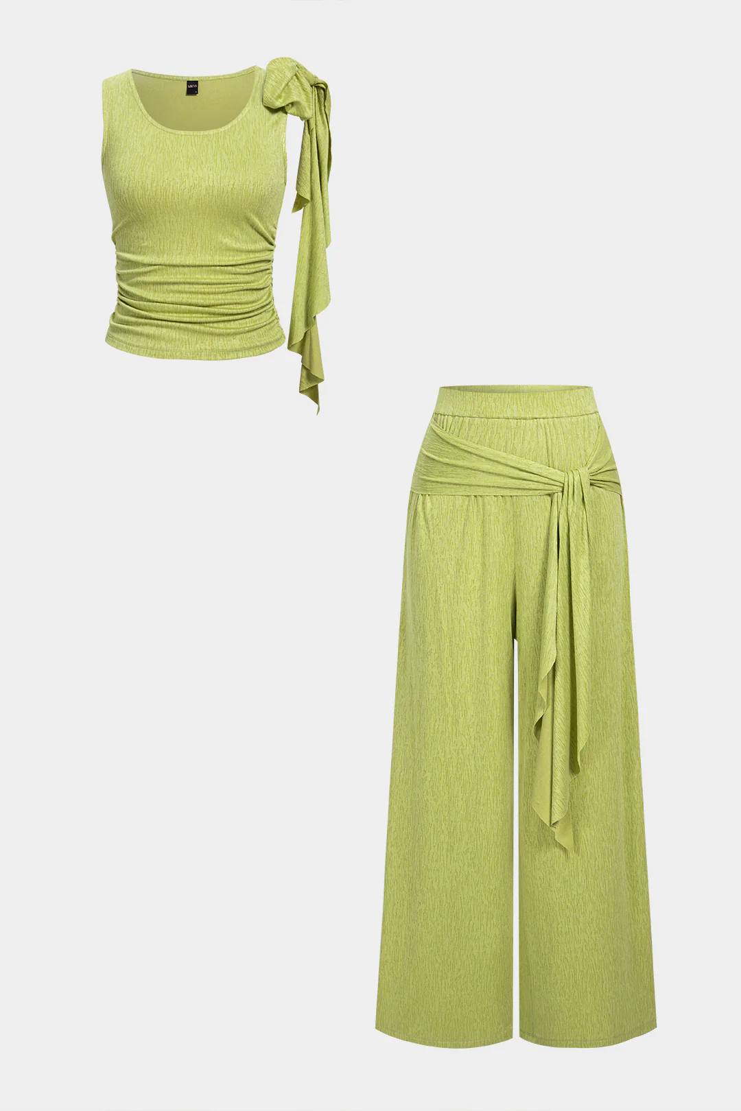 Round Neck Asymmetrical Ruched Tank Top And Knotted Wide Leg Pants Set - Weenar
