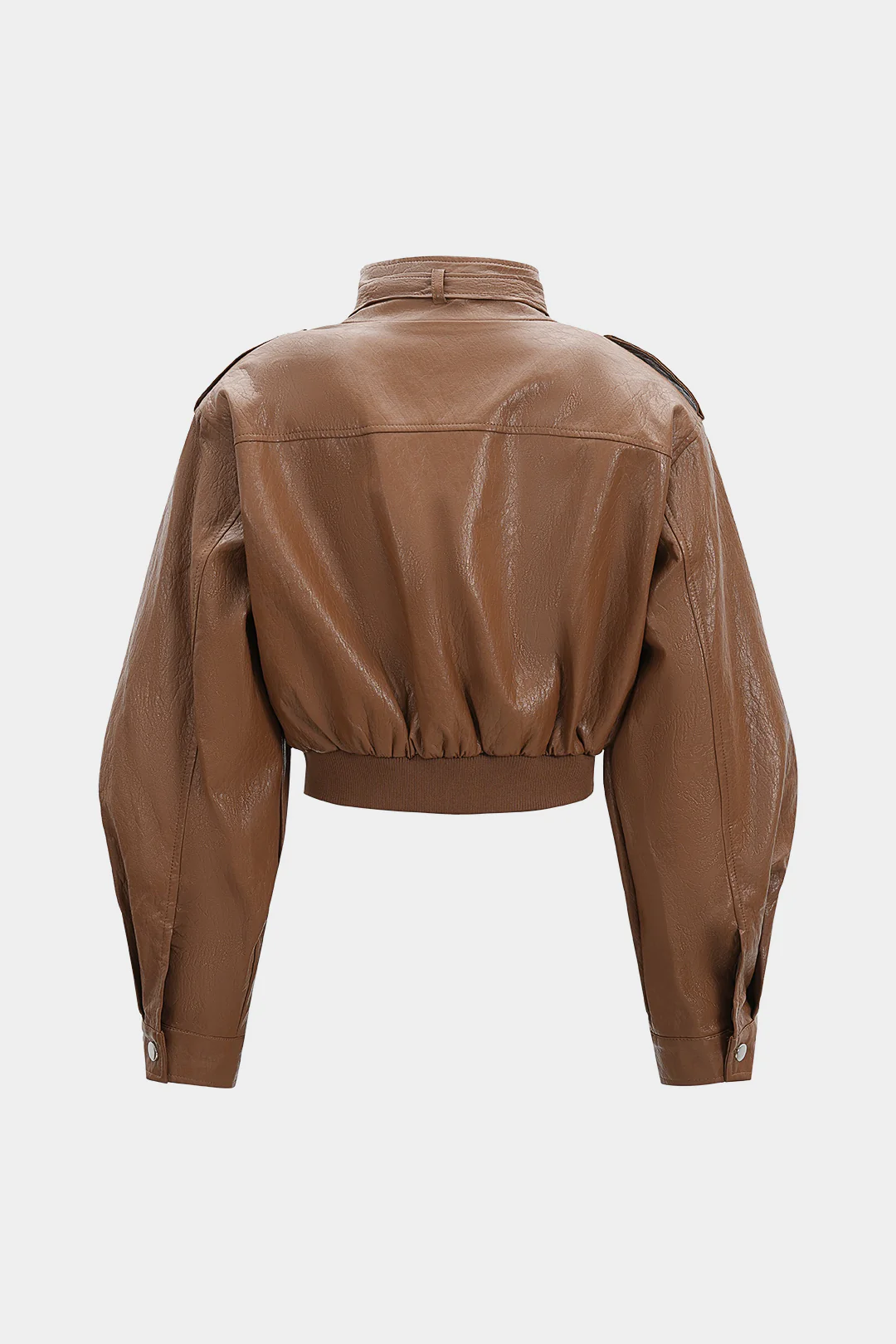 Faux Leather Stand Collar Cropped Jacket - Weenar