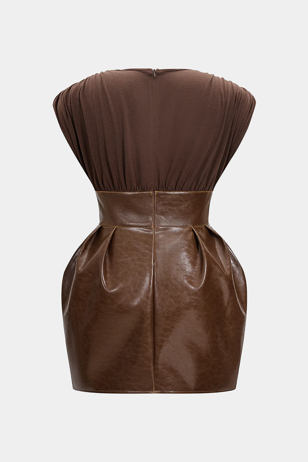 Plus Size Faux Leather Patchwork V-Neck Ruched Sleeveless Mini Dress - Weenar
