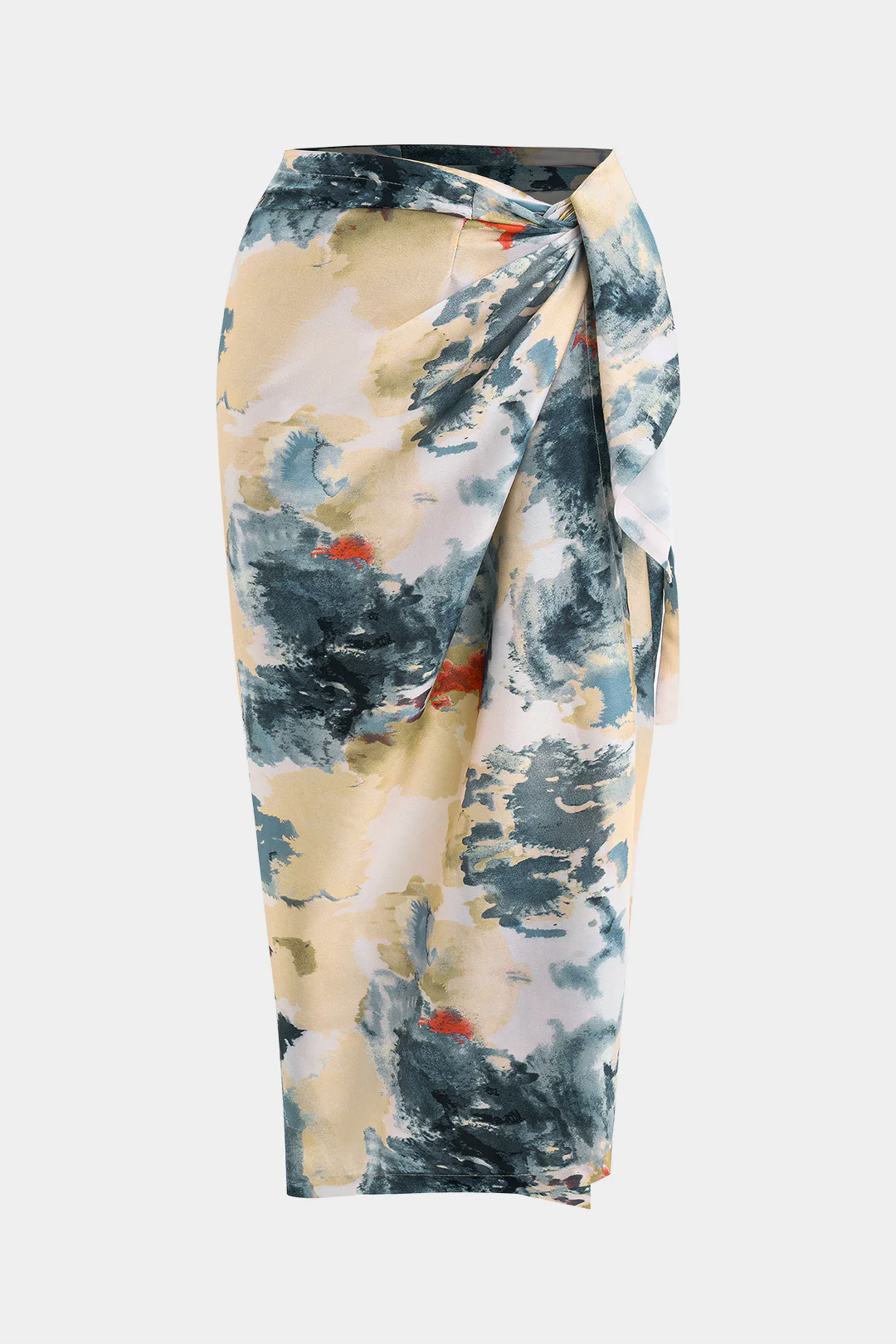 Plus Size Abstract Print Satin High Waist Wrap Twist Knot Skirt - Weenar