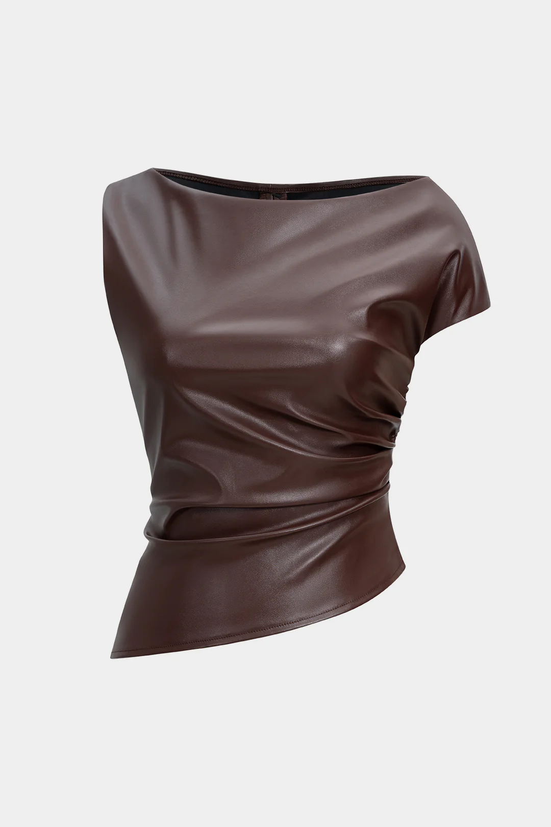 Faux Leather Zipper Ruched Short-Sleeve Shirt - Weenar