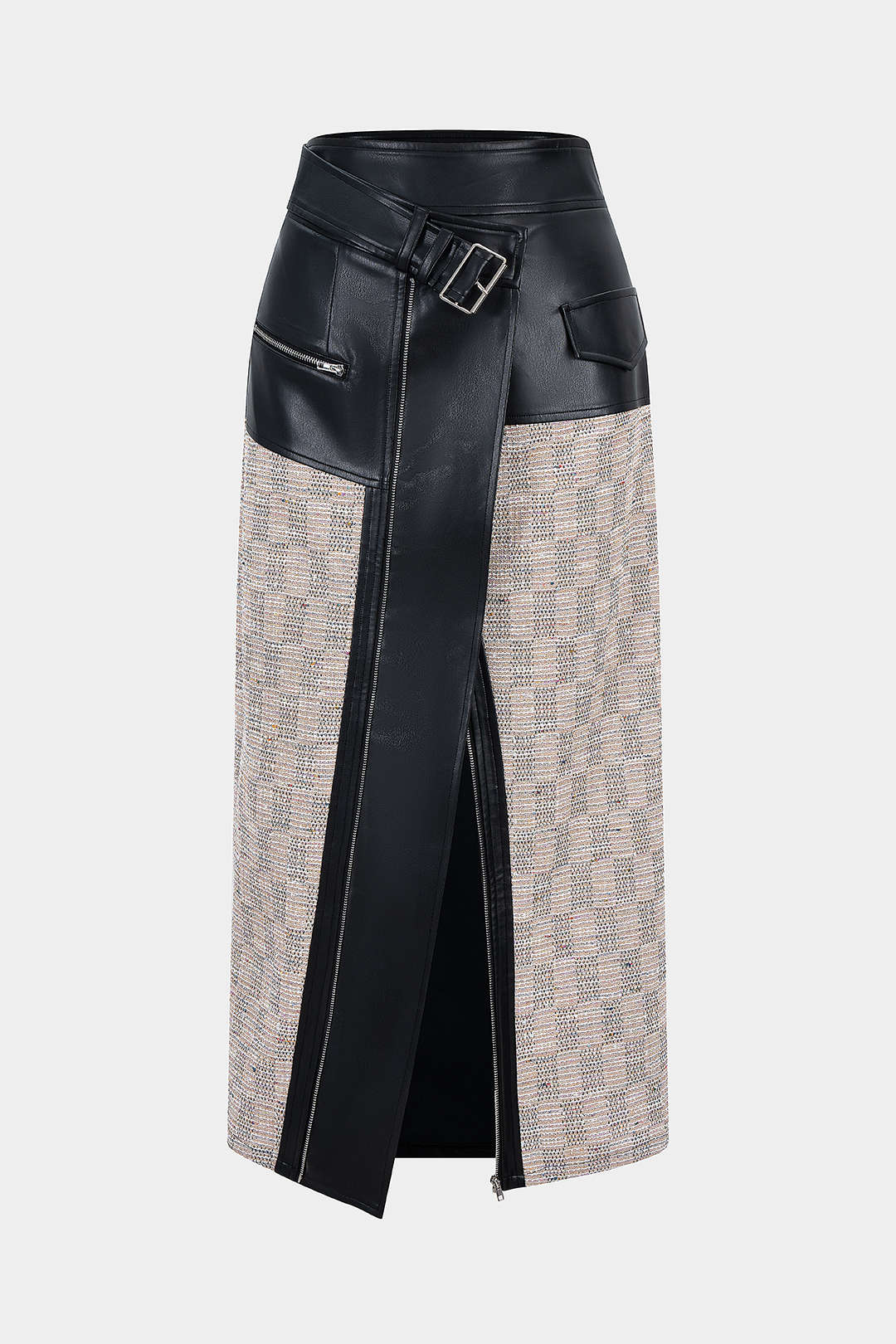 Faux Leather Patchwork Asymmetrical Zipper Split Skirt - Weenar