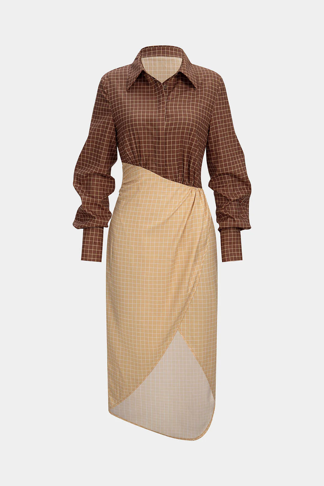 Plaid Print Contrast Asymmetrical Ruched Long Sleeve Midi Dress - Weenar