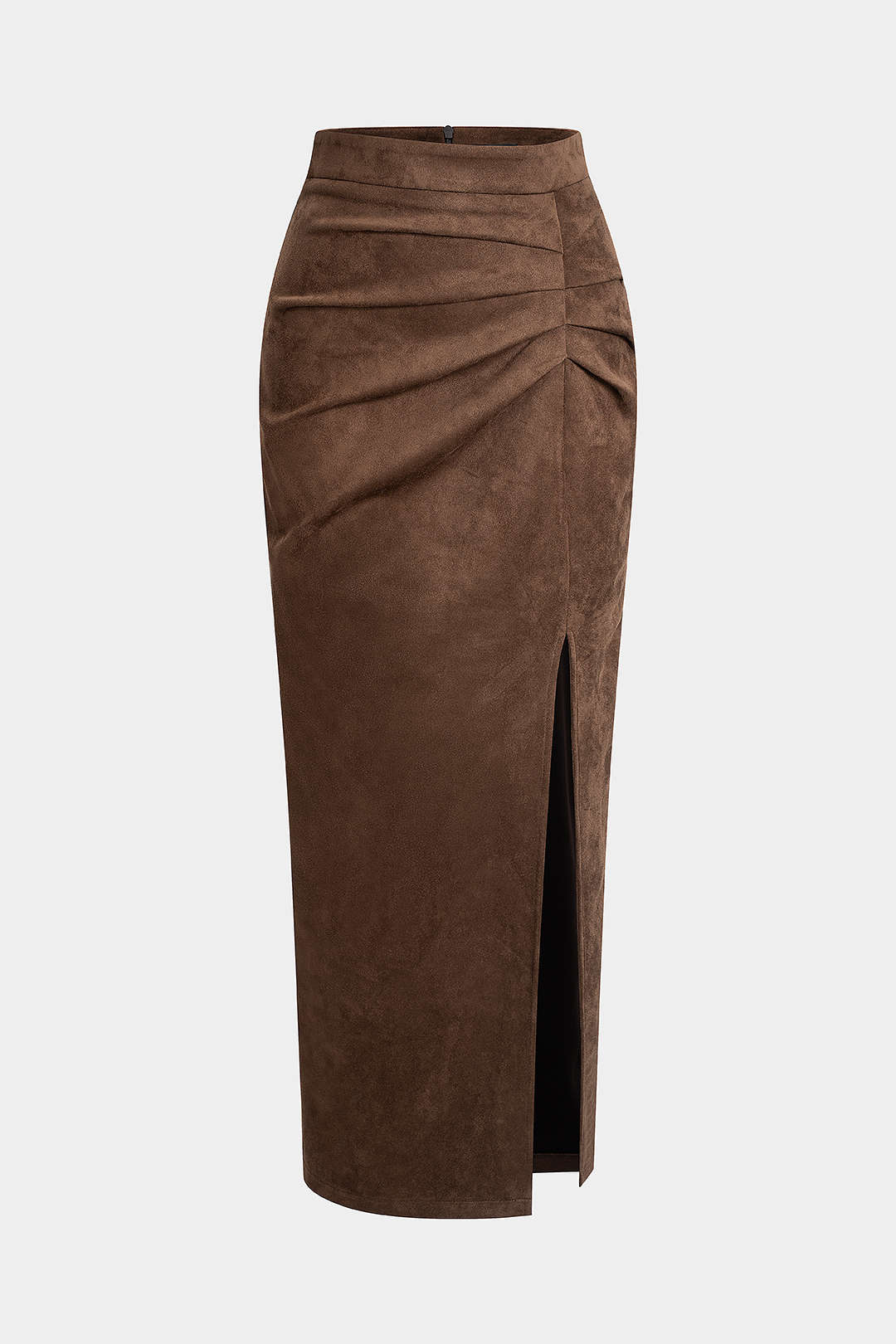 Suede Asymmetrical Ruched Side Split Zipper Skirt - Weenar