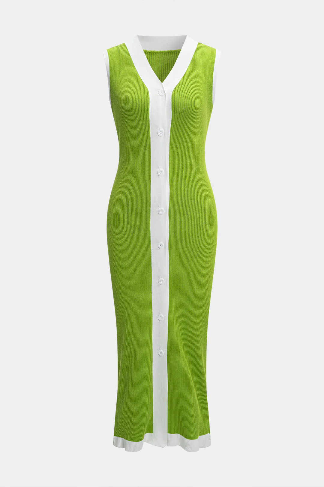 Knit Contrast Button V-Neck Sleeveless Dress - Weenar