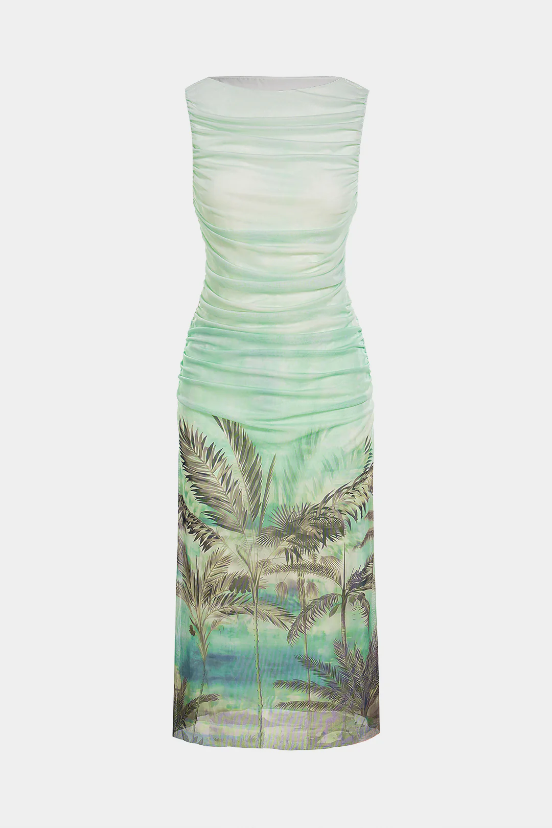 Coconut Palm Ombre Print Mesh Patchwork Ruched Sleeveless Midi Dress - Weenar
