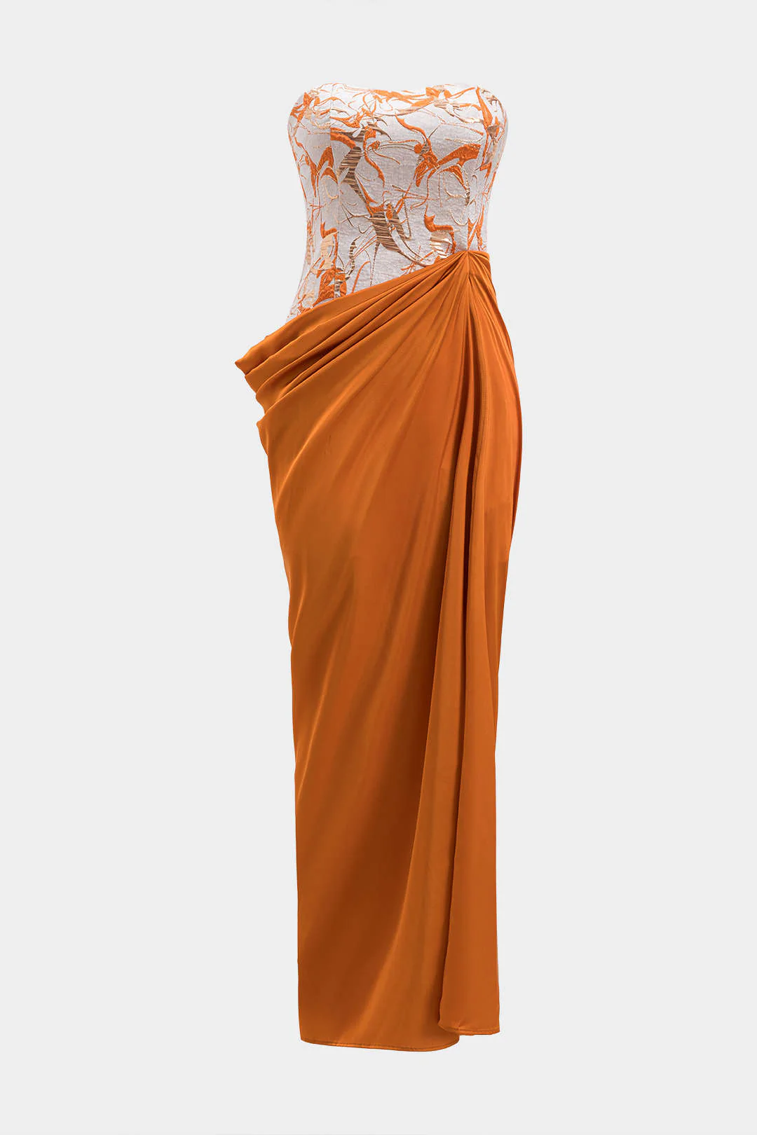 Satin Jacquard Patchwork Ruched Strapless Sleeveless Maxi Dress - Weenar