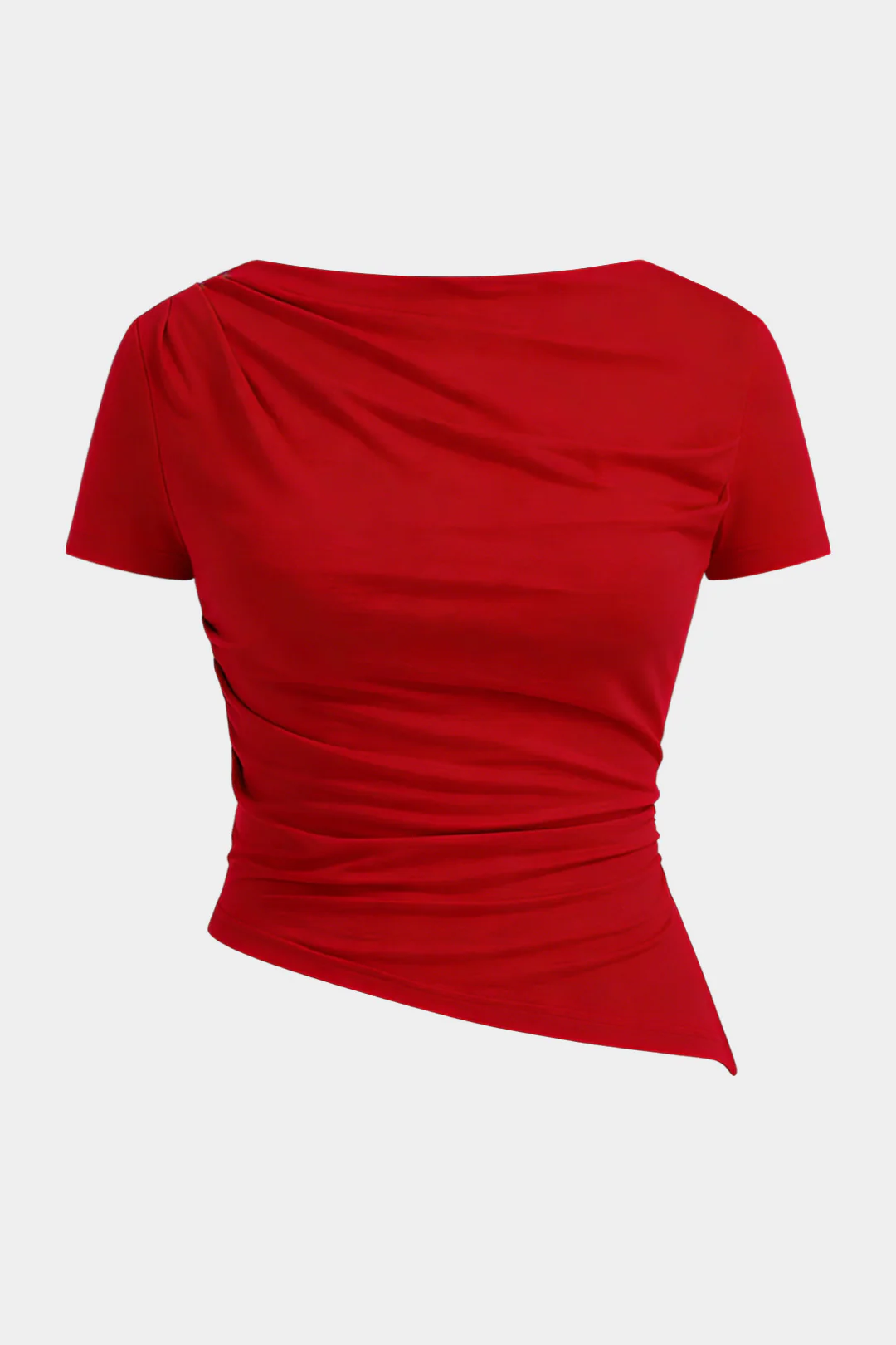 Plus Size Asymmetrical Hem Round Neck Ruched Short-Sleeve Top - Weenar