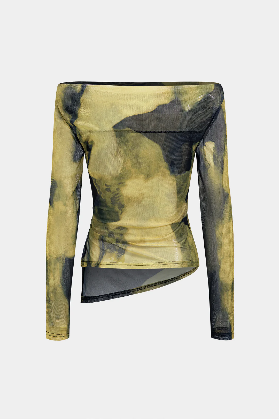 Mesh Tie Dye Print Off Shoulder Irregular Long-Sleeve Top - Weenar