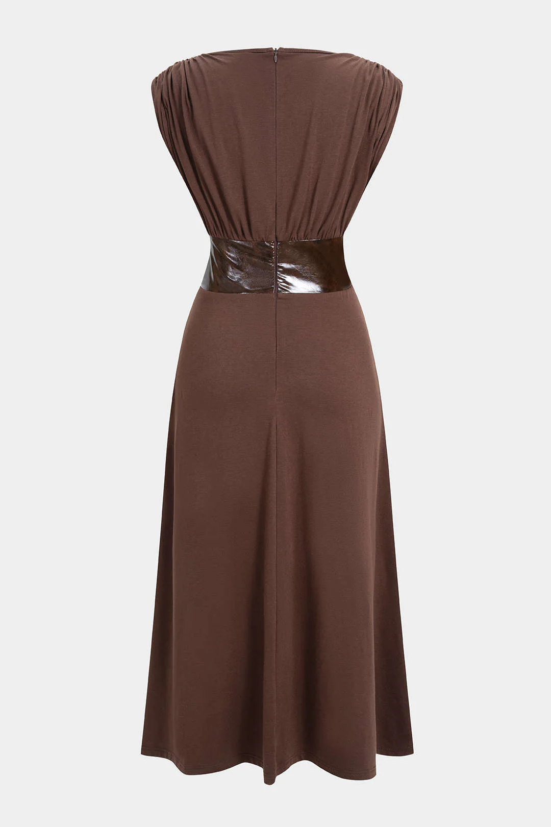 Faux Leather Patchwork Ruched Short-Sleeve Maxi Dress - Weenar