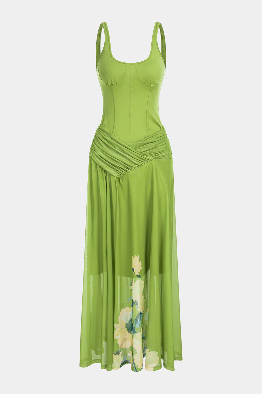 Floral Print U-Neck Ruched Sleeveless Maxi Dress - Weenar