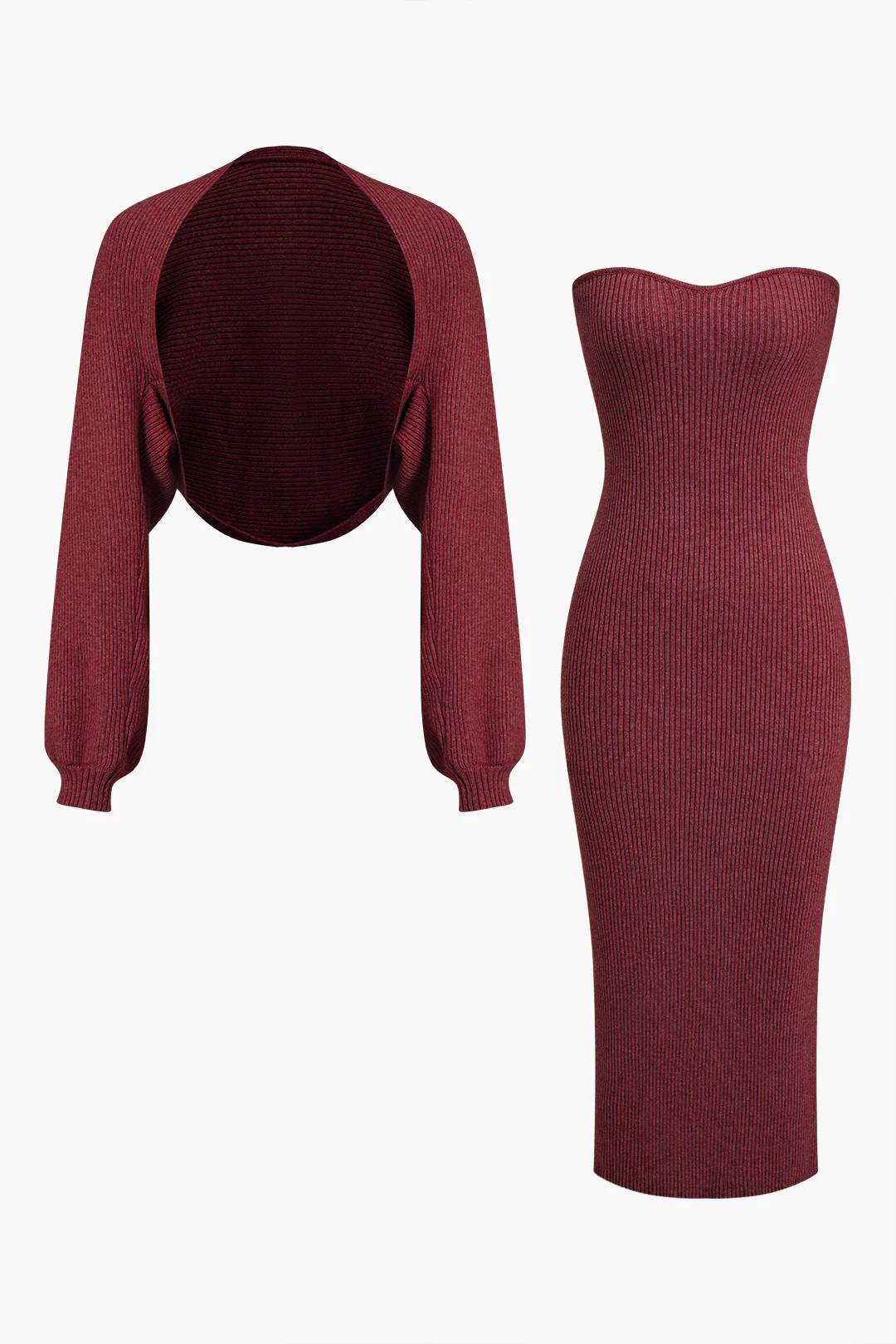 Ribbed Knit Strapless Midi Dress And Bolero Set - Weenar