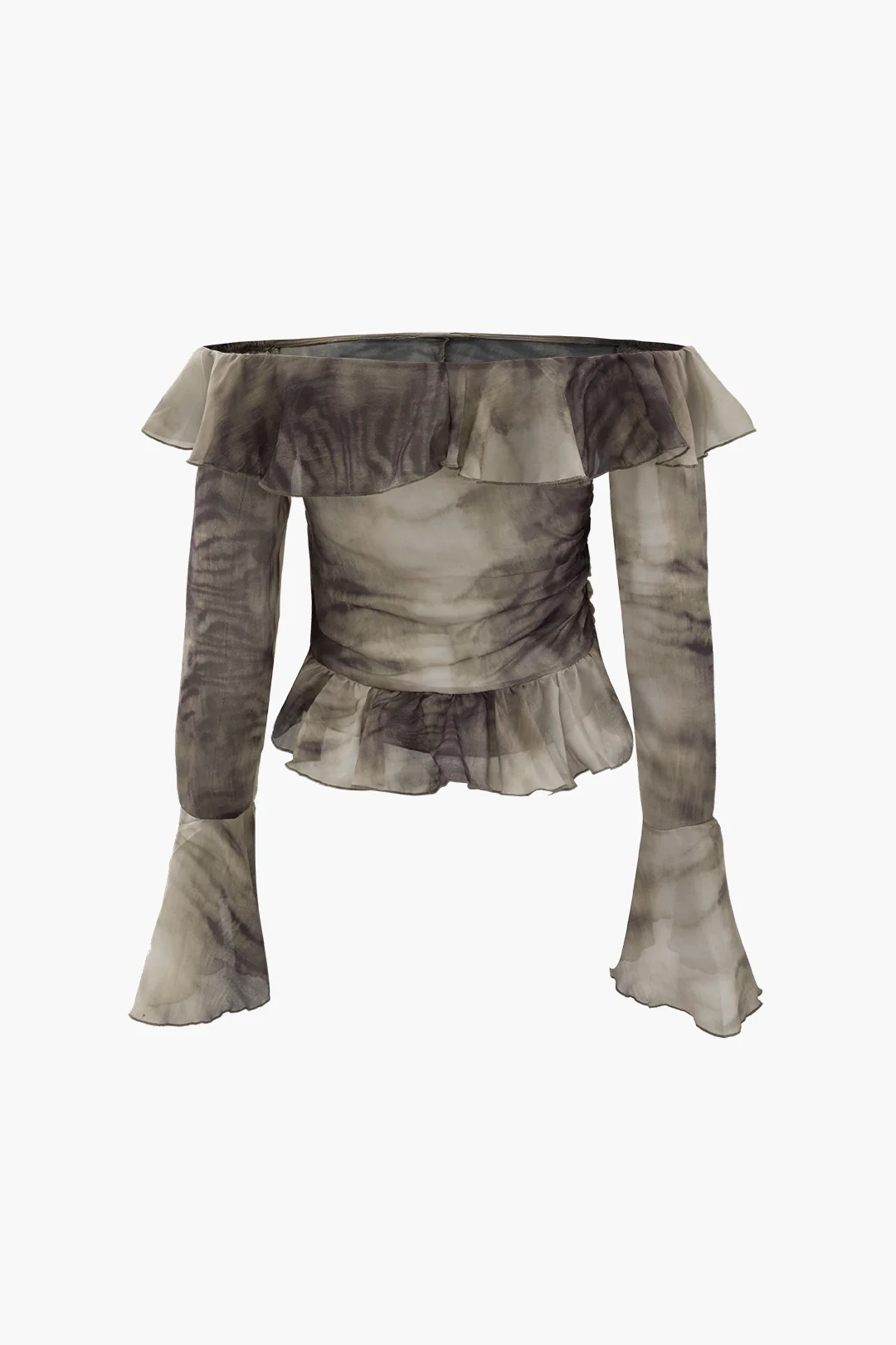 Chiffon Contrast Print Off Shoulder Ruffle Long-Sleeve Shirt - Weenar