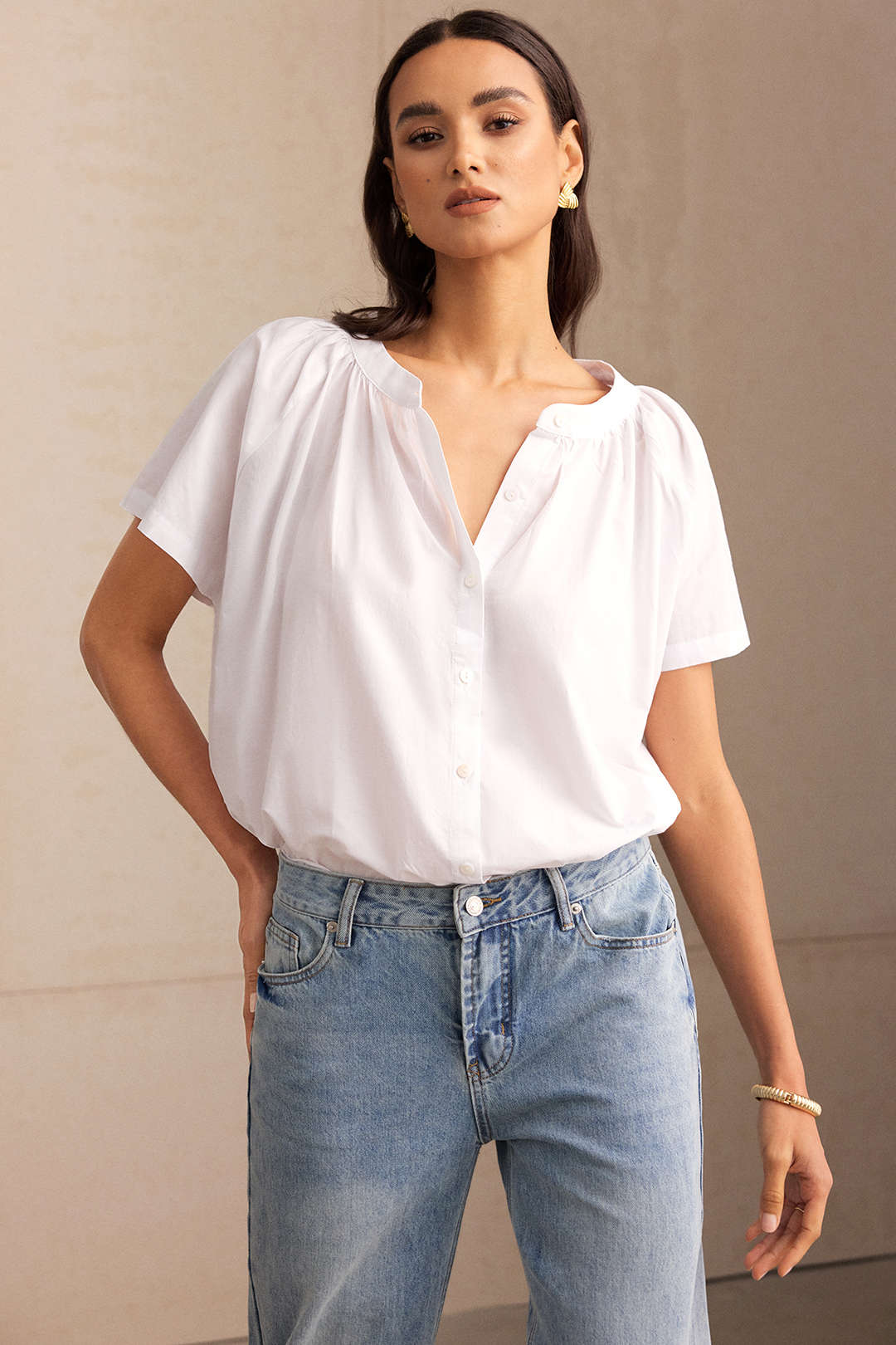 Round Neck Button Batwing Short-Sleeve Shirt - Weenar