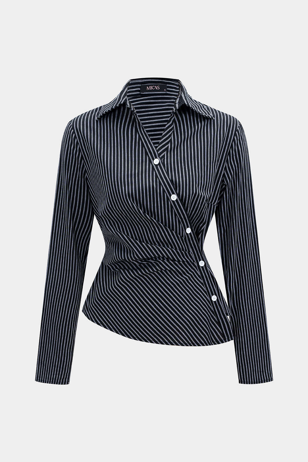 Stripes Print Asymmetrical Button Long-Sleeve Shirt - Weenar