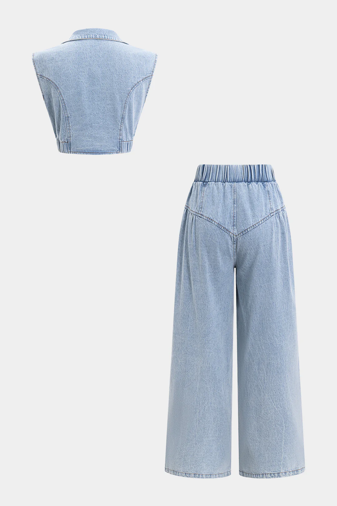 Denim V-Neck Zipper Tank Top And Jeans Set - Weenar