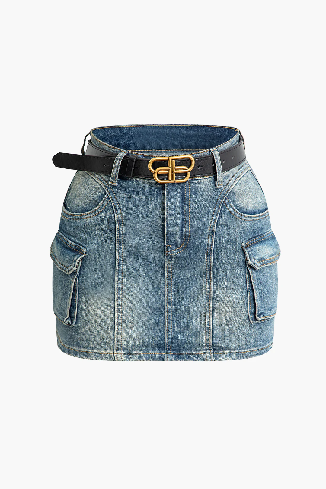 Denim 3D Pocket Metallic Decor High Waist Skirt - Weenar