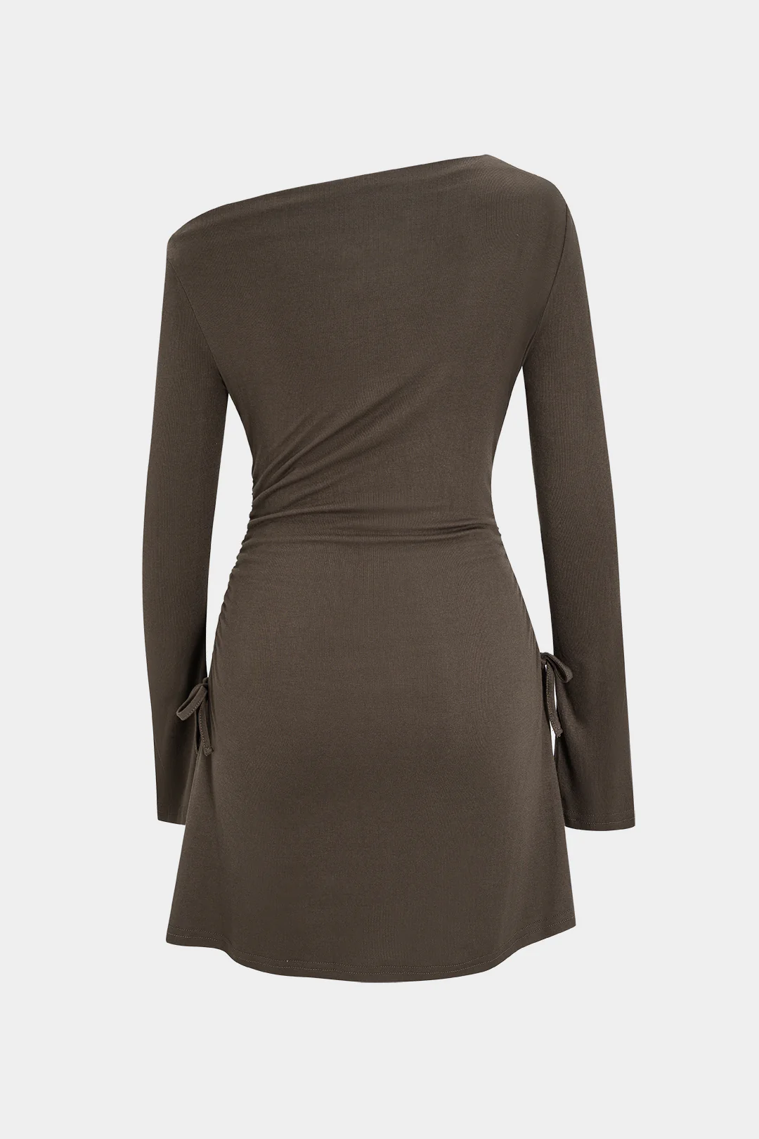Off Shoulder Ruched Drawstring Long Sleeve Mini Dress - Weenar