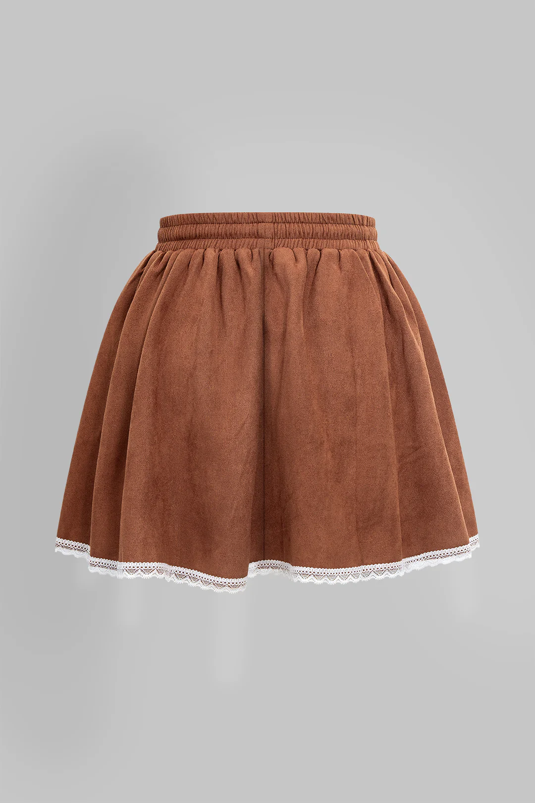 Lace Trim Patchwork Suede Tie-Up Puff Mini Skirt - Weenar