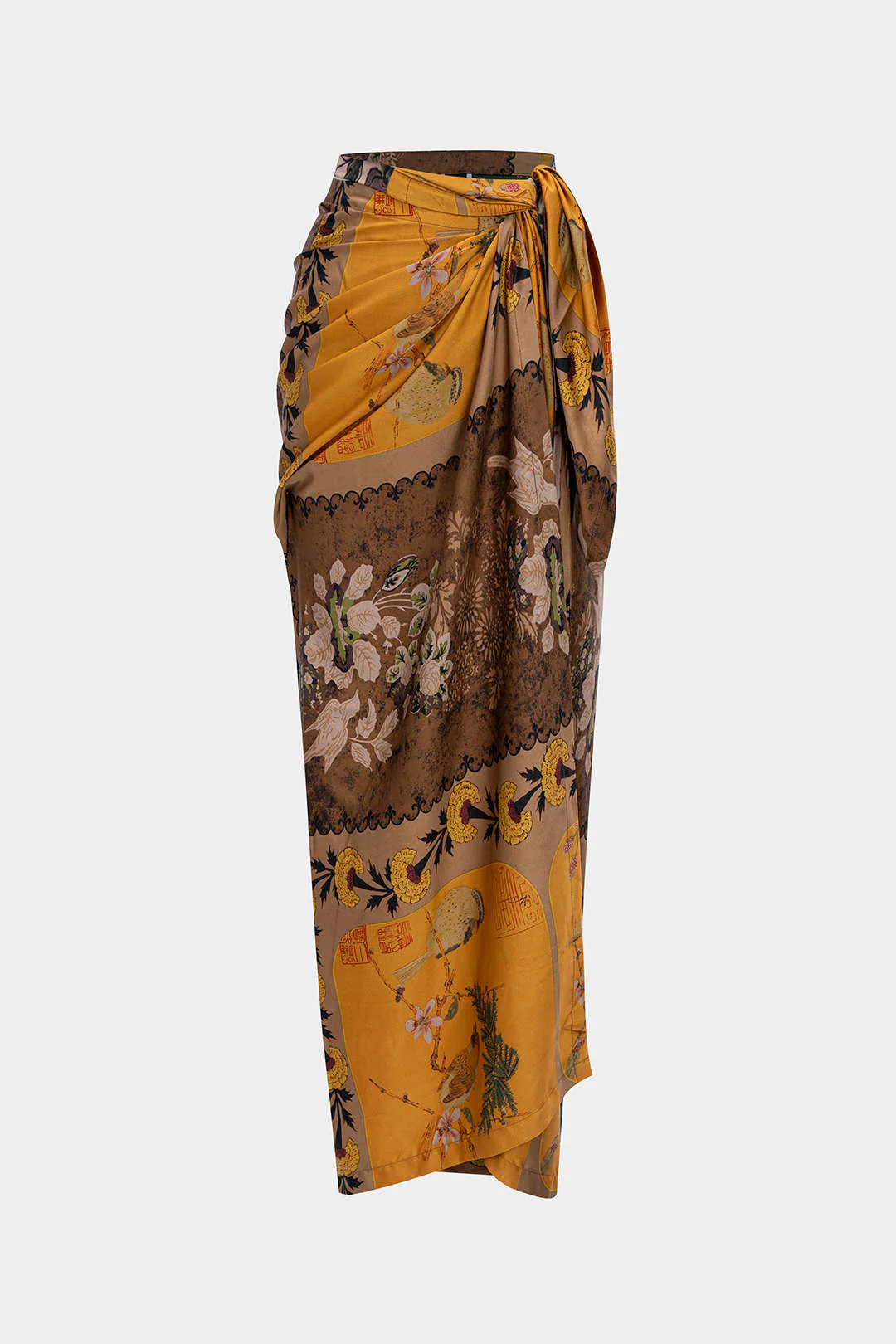 Retro Print Satin Tie Front Skirt - Weenar