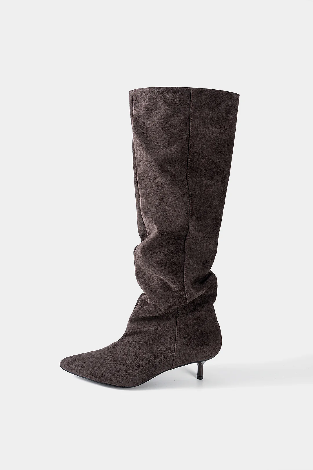 Suede Ruched Pointed Knee High Boots - Weenar