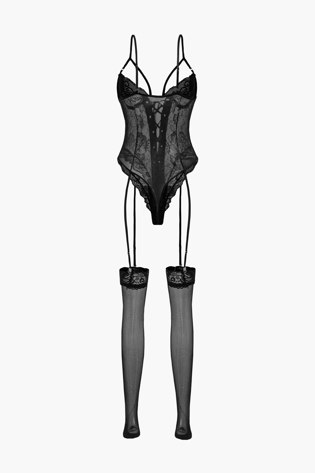 Lace Backless Tie Up Lingerie Garter Set - Weenar