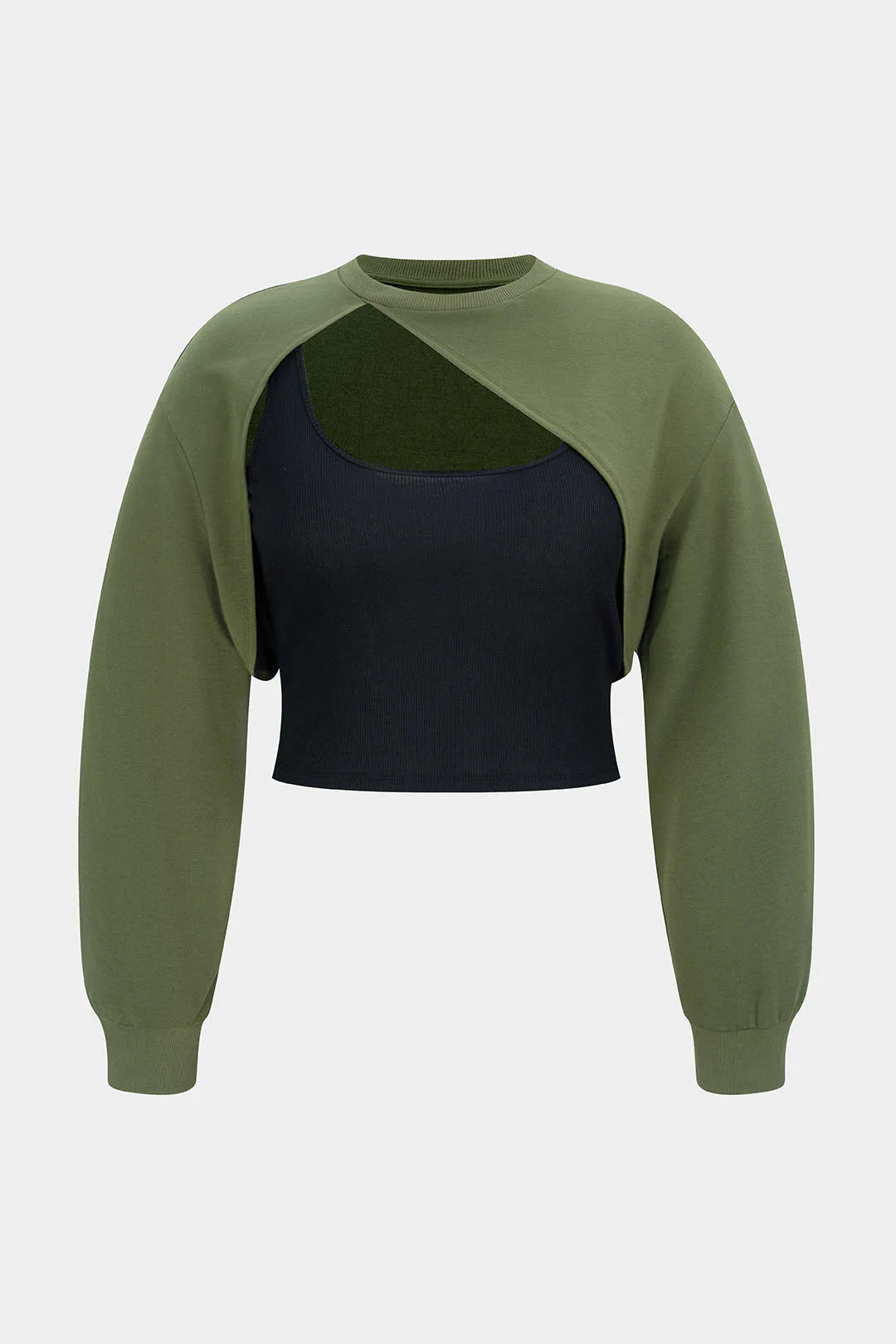 Plus Size Contrast Asymmetrical Cut Out Long-Sleeve Top - Weenar