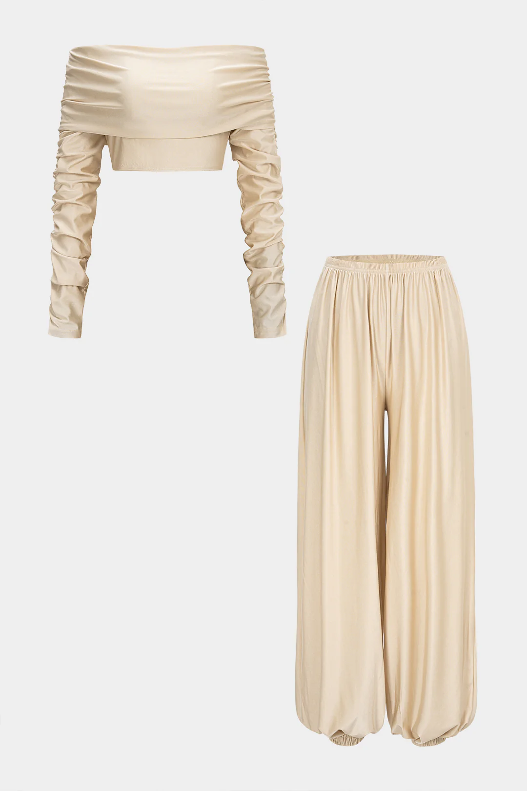 Ruched Off Shoulder Long Sleeve Cropped Top And High Waist Lantern Pants Set - Weenar