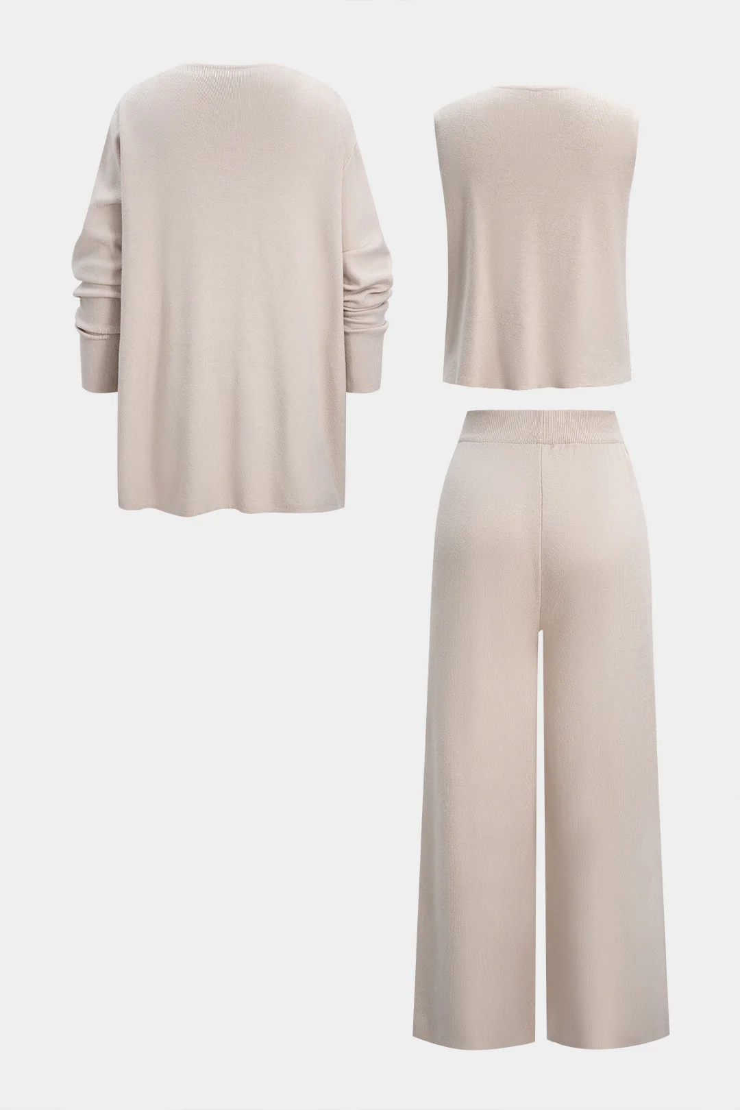 Knit Button Vest And Long Cardigan And Wide Leg Pants Set - Weenar