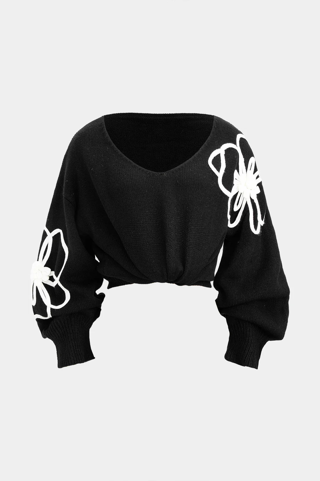Knit V-Neck Flower Applique Long-Sleeve Top - Weenar