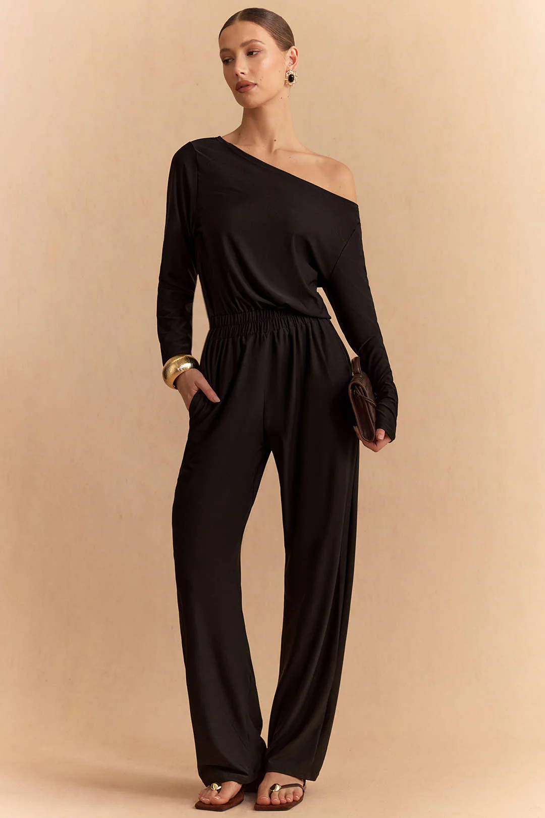 Solid One Shoulder Long Sleeve Jumpsuit - Weenar