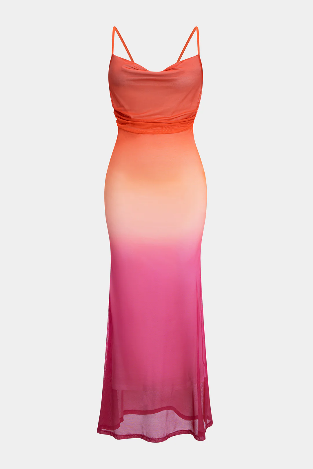 Ombre Print Mesh  Ruched Tie Back Slip Maxi Dress - Weenar