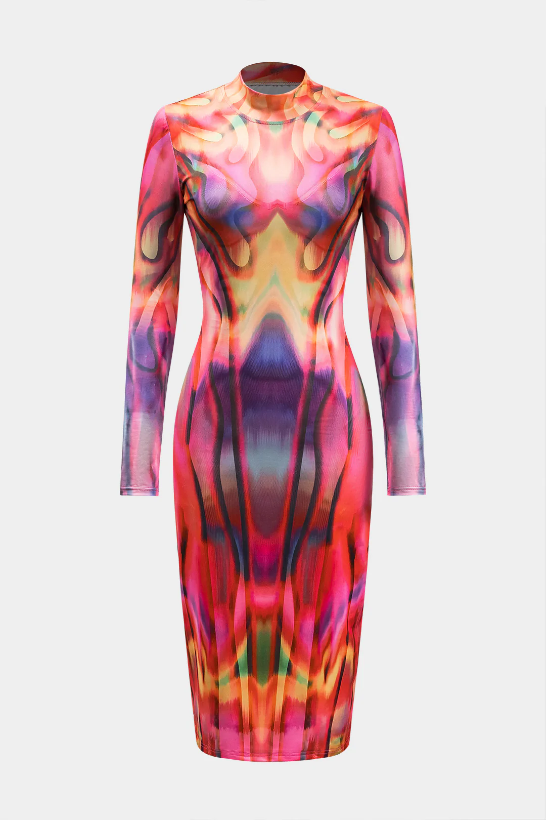 Colorblock Print Mock Neck Long-Sleeve Midi Dress - Weenar