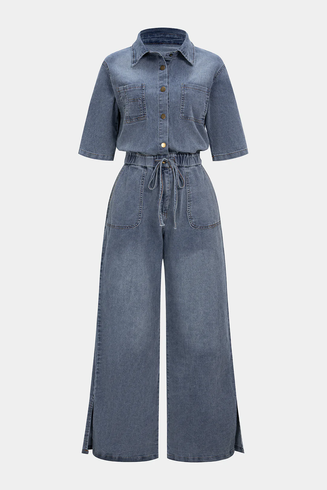 Denim Button Drawstring Pocket Short-Sleeve Jumpsuit - Weenar
