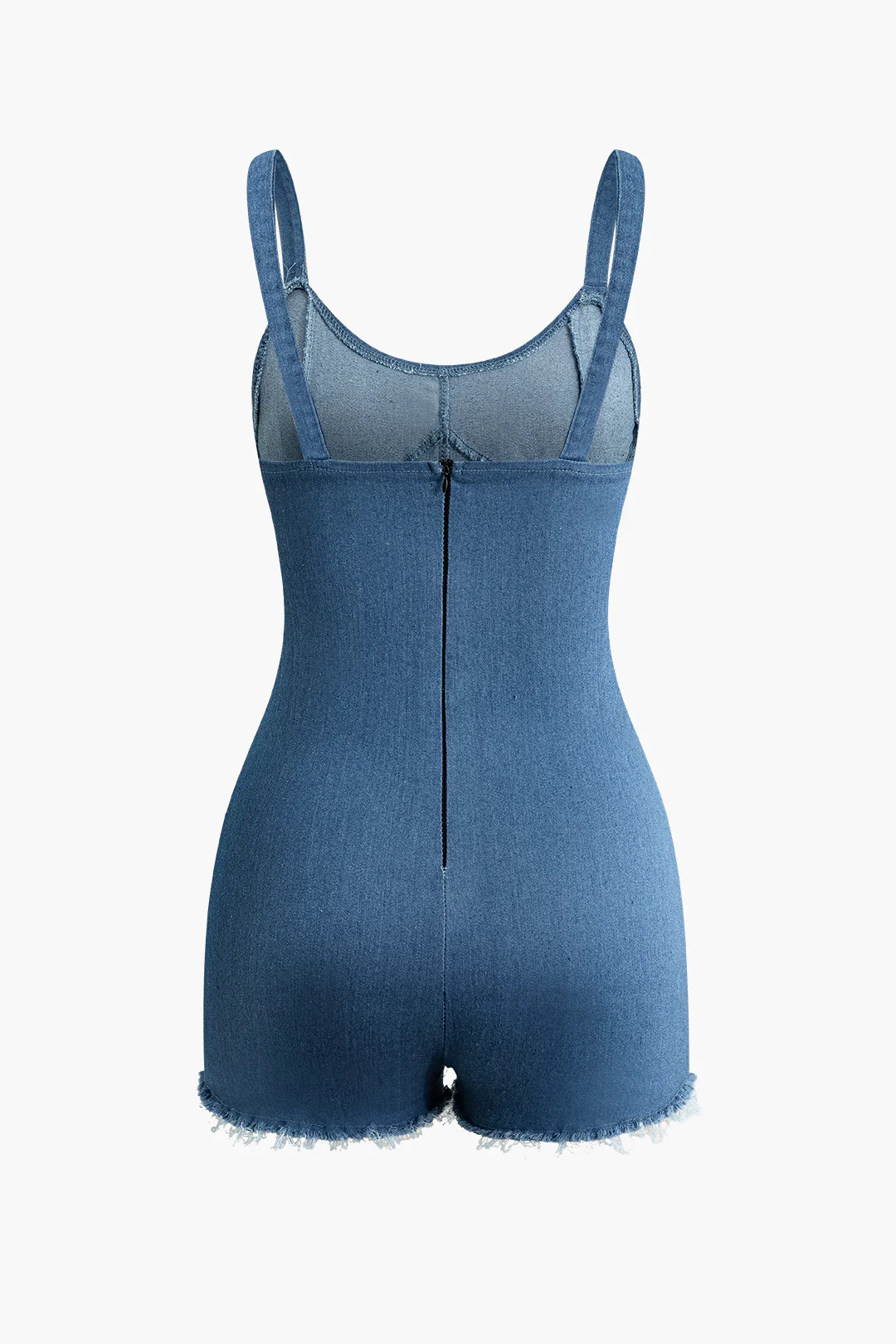 Denim Frayed Zipper Sleeveless Jumpsuit - Weenar