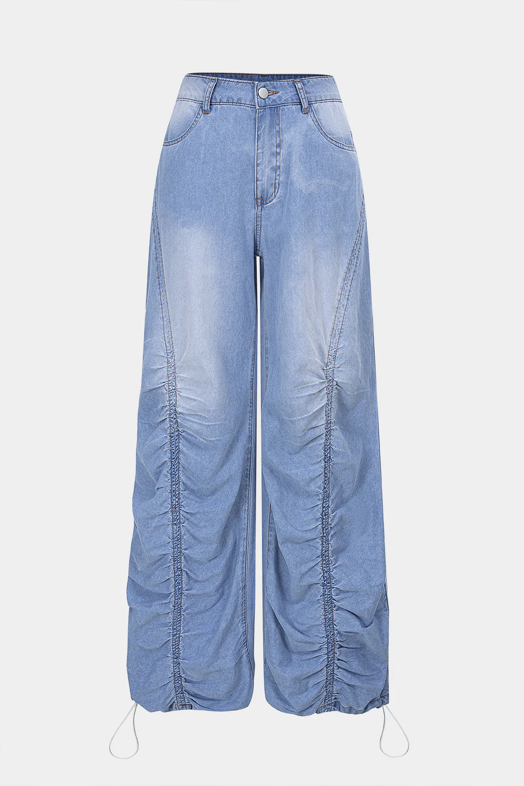 Denim Ruched Drawstring Straight Leg Jeans - Weenar