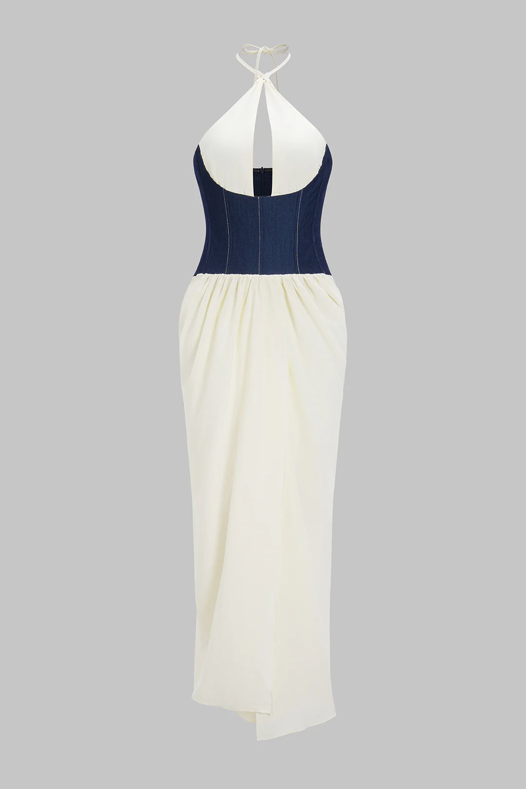 Denim Patchwork Halter Neck Sleeveless Maxi Dress - Weenar